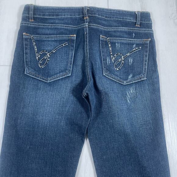 Vintage Bebe Y2k Low Rise Size 31 Flare Jeans Patchwork Rhinestone Distressed - Picture 7 of 16